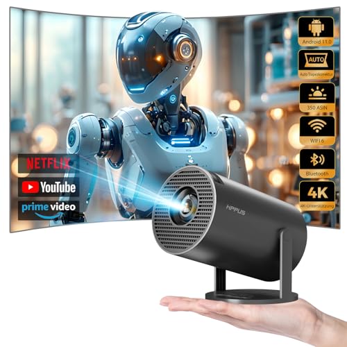 HIPPUS Mini Beamer 4K Android OS 11.0 180°Dreh Portable Projector klein Videoprojektor Handy mit 2.4/5G WiFi Keystone-Korrektur Heimkino Beamer Grau von HIPPUS