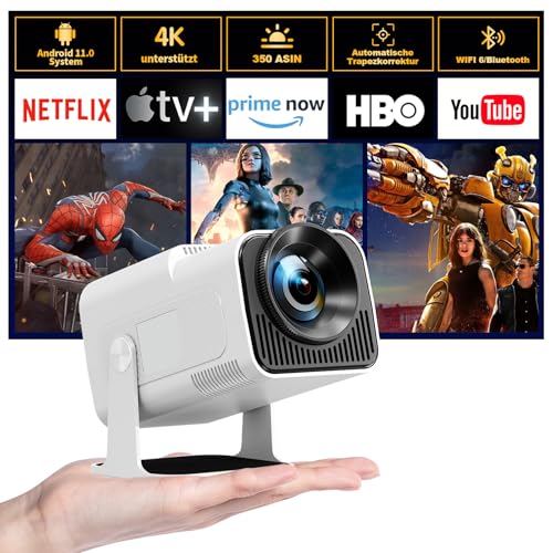 HIPPUS Mini Beamer 4K Heimkino, Projektor 4K Unterstützt 1080P Full HD, Projector mit Android OS 11.0, WiFi 6 und BT 5.2, 180° Drehung Handy Beamer Kurzdistanz für Phone/Laptop, Weiß von HIPPUS