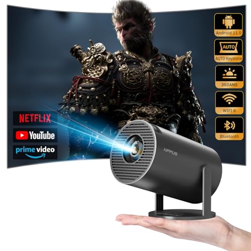 HIPPUS Mini Smart Beamer 4K Android OS 11.0 Full HD 1080P 180°Dreh Portable Projector klein Videoprojektor Handy mit 2.4/5G WiFi Bluetooth 5.0 automatischer Keystone-Korrektur Heimkino Beamer, Grau von HIPPUS