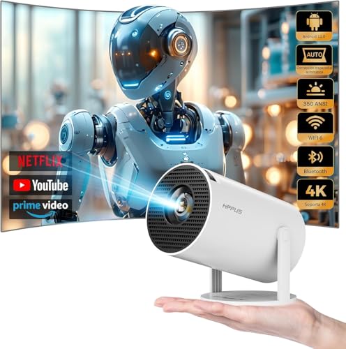 HIPPUS Mini Smart Beamer 4K Full HD 720P 180°Dreh Portable Projector klein Videoprojektor Handy Android OS 11.0 mit WiFi 6 Bluetooth 5.0 automatischer Keystone-Korrektur von HIPPUS