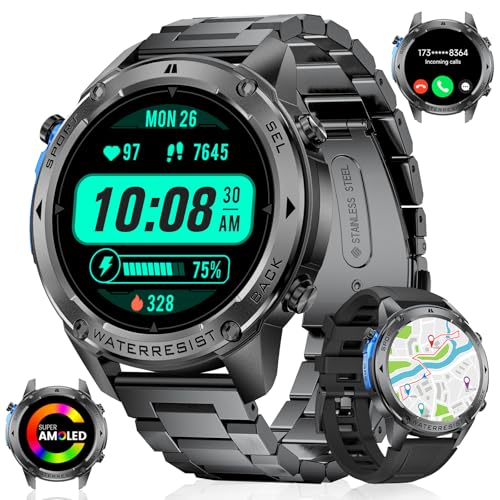 GPS-Kompass-Smartwatch für Herren, 3,6 cm (1,43 Zoll) AMOLED Always-on-Display, Bluetooth-Anruf-Smartwatch für Herren, für Android iOS, 500 mAh, großer Akku, männlich, Smartwatch, schwarzer Stahl, von HIRREO