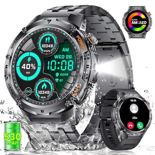 Smartwatch Herren mit LED-Taschenlampe,530mAh Batterie,1.43" AMOLED Aktivitätstracker mit Telefonfunktion für Android iOS,5ATM Wasserdicht 120+Sport Modi,Herzfrequenz/schlafen/Calorie Smartwatch von HIRREO