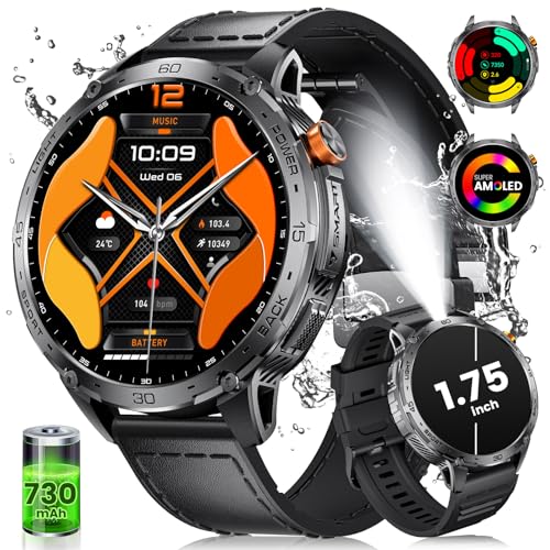 Smartwatch für Herren mit 1,75 Zoll AMOLED HD großes Display/LED Lampe/730 mAh Akku, Herren-Smartwatch mit 100 + Sportmodi, 24/7 Herzfrequenz- und Schlafmonitor, 5 ATM wasserdicht, Android iOS von HIRREO