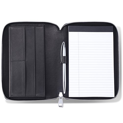 Leder-Junior-Padfolio für Damen und Herren, mit Stiftschlaufe, italienisches Kalbsleder, Business-Portfolio-Notizbuch, Ordner (Reißverschluss, schwarz) von HISCOW