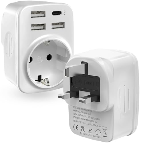 5 in1 HITRENDS Reiseadapter Steckdose mit USB-Anschlüssen, Reisestecker Adapter England Deutschland Stecker, Typ F/G Steckdose EU auf UK, Steckdosenadapter England Adapter UK Reise,weiß von HITRENDS