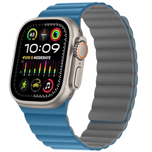 HITZEE Kompatibel mit Apple Watch Armband 49/46/45/44/42/41/40/38mm, Weiches Silikon Magnetische Armbänder Kompatibel für iWatch Ultra 2 Serie 10 9 8 7 SE 6 5 4 (42/44/45/46/49, Blau/Grau) von HITZEE