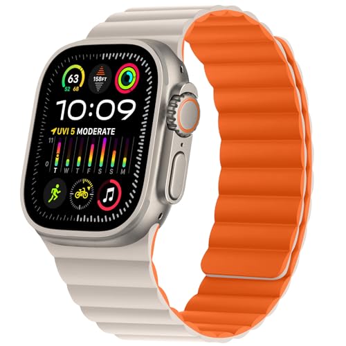 HITZEE Kompatibel mit Apple Watch Armband 49mm 45mm 44mm 42mm 41mm 40mm 38mm, Weiches Silikon Magnetische Armbänder Kompatibel für iWatch Ultra 2 Serie 9 8 7 SE 6 5 4 (44/45/49, Polarstern/Orange) von HITZEE