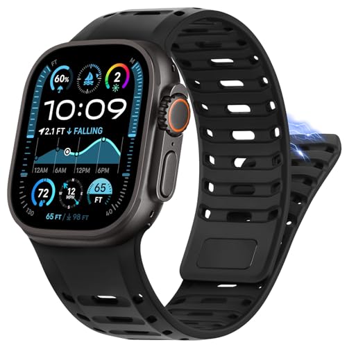 HITZEE Sportarmband Kompatibel mit Apple Watch Armband 49/46/45/44/42mm, Silikon Magnetisch Herren mit Dornschließe Band Kompatibel für iWatch Ultra 2 Serie 10 9 8 7 SE 6 5 4 3 2 1, Schwarz von HITZEE