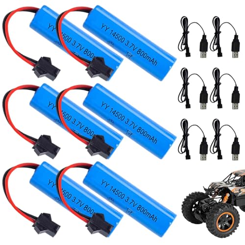 HIULLEN 14500 3.7V RC Akku, 6 Stück 3.7V 800mah Li-ion Battery, 3.7 Volt Akku Li-ion Wiederaufladbare RC Batterie Rechargeable mit 6 USB Chargers SM-2P Plug für RC Fahrzeuge Panzer Boote Roboter von HIULLEN