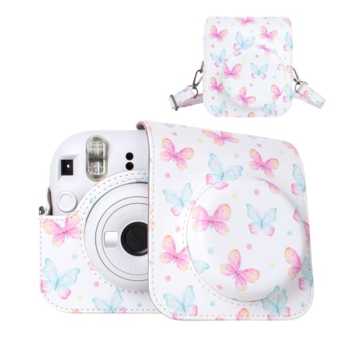 HIYQIN Kameratasche Kompatibel mit Fujifilm Instax Mini 12, Schöne Ledertasche für Polaroid Instax Mini 12 - Schmetterlings Rosa von HIYQIN