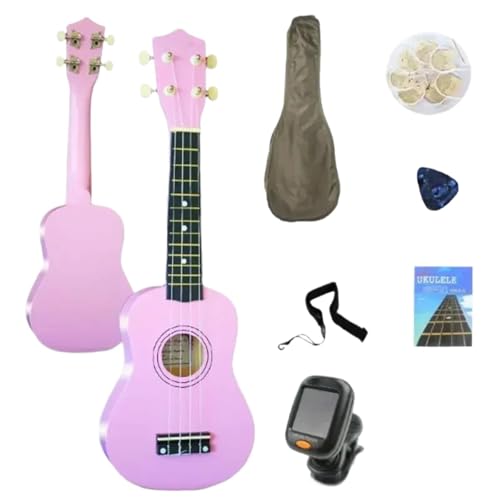 21-Zoll-Ukulele-Set 4 Saiten Combo Hawaii-Bass Saitenmusikinstrument-Set Kits + Stimmgerät + Saite + Gurt + Tasch ukulele anfänger(Pink) von HJKLBGT