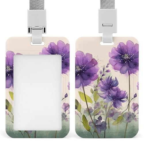 Ausweishalter mit Umhängeband, Aquarell-Stil, violette Blumen, Namensschild-Halter mit transparentem Fenster, wasserdichter Ausweishalter für Abzeichen, vertikale Namenskarten-Schutzhülle für Büro von HJUQNGF