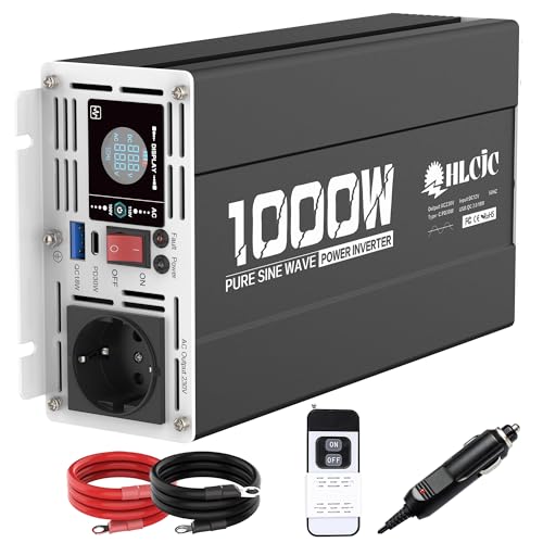 1000W Reiner Sinus Wechselrichter 12V auf 230V Spitzenleistung 2000W Spannungswandler mit Funkfernbedienung Type-C PD30W USB QC3.0 Port 1 EU Steckdose LCD-Display für Solares System Wohnmobil LKW KFZ von HLCJC