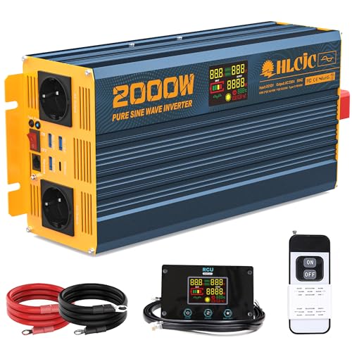 2000W/4000W Reiner Sinus-Spannungswandler 12V auf 230V Wechselrichter mit PD60W/QC18W/24W Schnellladung USB-Anschlüsse 2 EU Steckdose 2 Fernbedienungen LCD-Anzeige für Solares System Wohnmobil LKW KFZ von HLCJC