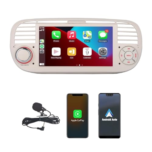 HLLECARMO Wireless Carplay und Android Auto Autoradio für FIAT 500 2007-2015, Mirror Link Bluetooth 5.0 mit 7 Zoll Touchscreen RDS AM/FM USB DSP High Power Subw EQ SWC- Weiß von HLLECARMO