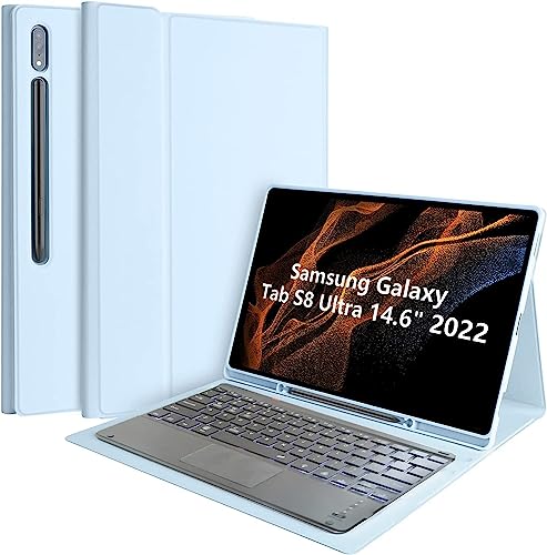 HLTOOP Tastatur Hülle für Samsung Galaxy Tab S8 Ultra 14,6 Zoll 2022, QWERTZ Deutsch, Hintergrundbeleuchtete, Magnetisch Abnehmbare Bluetooth-Tastatur Mit Touchopad, SM-X900/X906,Blau von HLTOOP