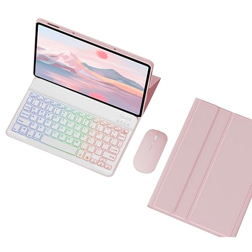 Tastaturhülle für Lenovo Tab M11 27,9 cm (11 Zoll) 2024, 7-farbige Hintergrundbeleuchtung, abnehmbare Bluetooth-Tastatur, weiche TPU-Rückseite, Tablet-Maus, Rosa von HLTOOP