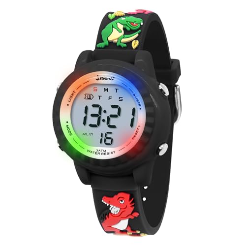 HMJIA 3D Cartoon Design Armbanduhr für Kinder Jungen und Mädchen 3ATM Wasserdicht Kinderuhr mit Wecker/Datum/Stoppuhr/LED (LED Schwarzer Dinosaurier) von HMJIA