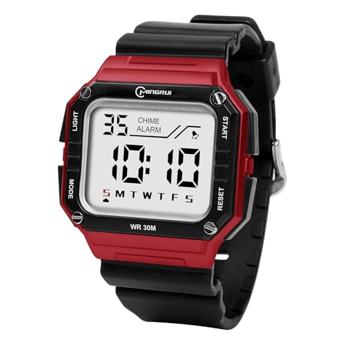 HMJIA Kinderuhr Junge mit Wecker Stoppuhr LED-Lich Datum 3ATM wasserdichte Sport Armbanduhr Kinder Uhren für Jungs Kinderuhr Digital für Junior Teenager (Rot) von HMJIA