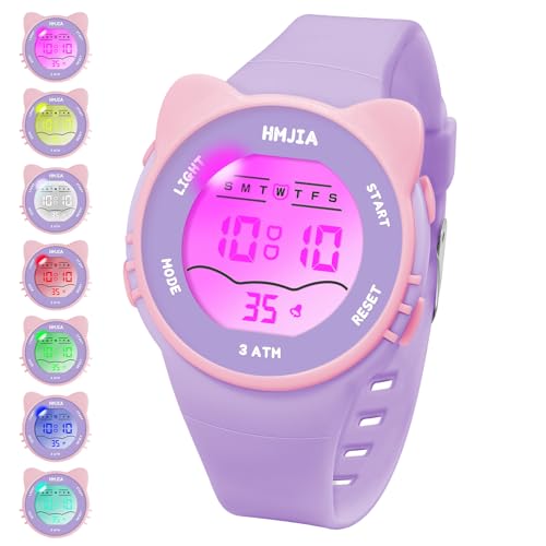 HMJIA Kinderuhr Mädchen mit Katzenmotiv Halsketten Set 3ATM Wasserdicht Armbanduhr mit Alarm Stoppuhr LED-Lich Kinderuhr Digital Geburtstag für 3-12 Jahre Mädchen (Violett) von HMJIA