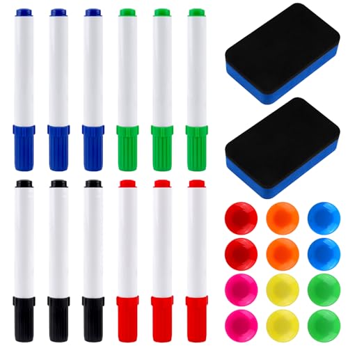 Whiteboard Marker Set, 12 Stück Whiteboard Stifte mit 2 Whiteboard Schwamm, Trocken Abwischbar, Whiteboard Stifte Abwischbar mit 12 Magnete für Magnettafel, Whiteboard Zubehör für Schule Büro von HOCUCHELAND