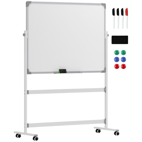 HOMCOM Magnetisches Whiteboard 120 x 90 cm Doppelseitiges Magnettafel mit Ständer, Rollen, 6 Marker & 1 Radierschwamm, 360° schwenkbare, 3-stufig verstellbare Magnetboard für Büro, Zuhause von HOMCOM