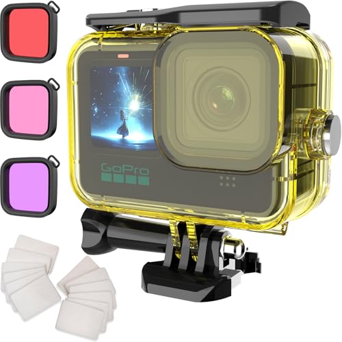 HONGDAK Wasserdichte Schutzhülle für Go Pro Hero12 11 10 9 Schwarz, schützendes Unterwasser-Tauchgehäuse mit 3 Filtern, Zubehör für Hero 12 Hero 11 Hero 10 Hero 9 Action-Kamera, Gelb von HONGDAK