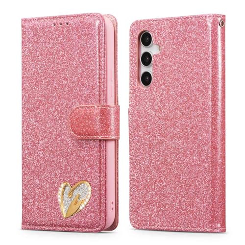 HONHULEE Handyhülle für Samsung Galaxy A54 5G Hülle PU Premium Leder Wallet Tasche Flip Case Magnetic Closure Handyhülle mit Kartenfächer Standfunktion Flash Herzförmige Diamant Schutzhülle,Rosa von HONHULEE