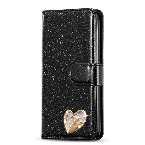 HONHULEE Handyhülle für Samsung Galaxy S23 Hülle PU Premium Leder Wallet Tasche Flip Case Magnetic Closure Handyhülle Kartenfächer Stand Flash Herzförmige Diamant Schutzhülle,Schwarz von HONHULEE