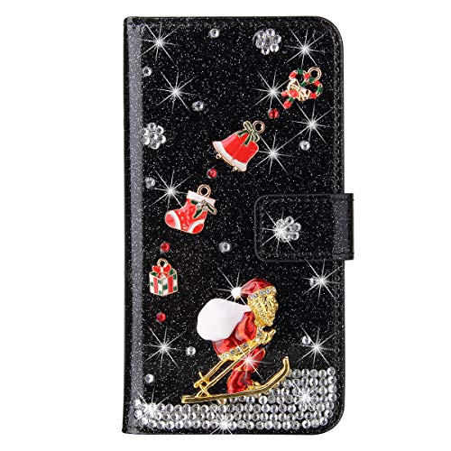 HONHULEE Weihnachten Hülle für iPhone 14 / iPhone 13 Niedlich Weihnachts Muster Weihnachtsmann Lederhülle Glitzer Strass Kartenfach Magnetverschluss Schutzhülle Xmas für iPhone 14 - Schwarz von HONHULEE