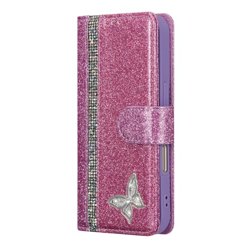 Handyhülle für iPhone 16 Hülle PU Leder Wallet Tasche Flip Case Magnetic Closure hülle mit Kartenfächer Standfunktion Flash Diamant Schmetterling Schutzhülle,Rosa von HONHULEE