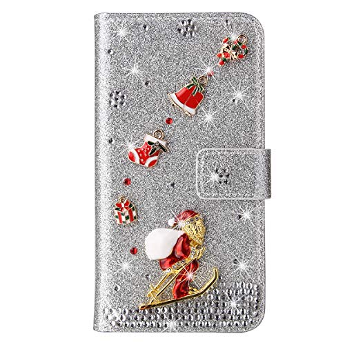 Weihnachten Hülle für Samsung Galaxy A54 5G Niedlich Weihnachts Muster Weihnachtsmann Lederhülle Glitzer Strass Kartenfach Magnetverschluss Schutzhülle Xmas für Samsung Galaxy A54 5G - Silber von HONHULEE