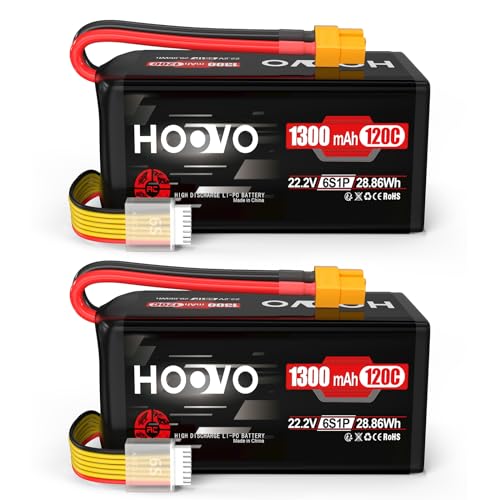 HOOVO 6S Lipo RC Akku 22.2V 1300mAh 120C Lipo Battery Modellbau Akku mit XT60 Stecker Batterie Ersatzakku für RC Auto Flugzeug Helikopter Boot Buggy Hobby (2 Stück) von HOOVO