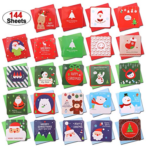 HOWAF 144er Set Mini Weihnachtskarten mit Umschlägen, Frohe Weihnachten Grußkarten blanko für Weihnachtsgrüße in 24 Weihnachten Motiv, ideal Kinder Geschenk, 2,7 x 2,7 Zoll von HOWAF