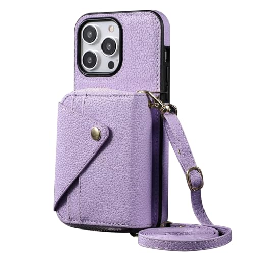 HOWGARI Handyhülle Für iPhone 15 Pro Max/15 Plus/15 Pro/15 RFID-blockierende Hülle Mit Umhänge-Lanyard-Reißverschluss-Brieftaschen Lederhülle (Purple,15 Pro Max) von HOWGARI