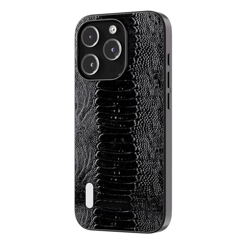 HOWGARI Handyhülle Für iPhone 15 Pro Max/15 Pro/15 Plus/15 Handyhülle Mit Straußmuster Und Linsenschutz Ultradünn Stoßfest Echtes Leder Schutzhülle (Schwarz,15 Pro Max) von HOWGARI