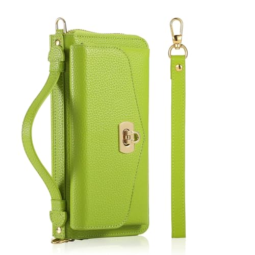 HOWGARI Hülle Für iPhone 15/15 Pro/15 Plus/15 Pro Max Damen PU Leder Shell Mit Armbänder Rundumschutz Stoßfestigkeit Hülle Magnet Case Kompatibel Kabellosem Laden (Grün,15 Pro) von HOWGARI