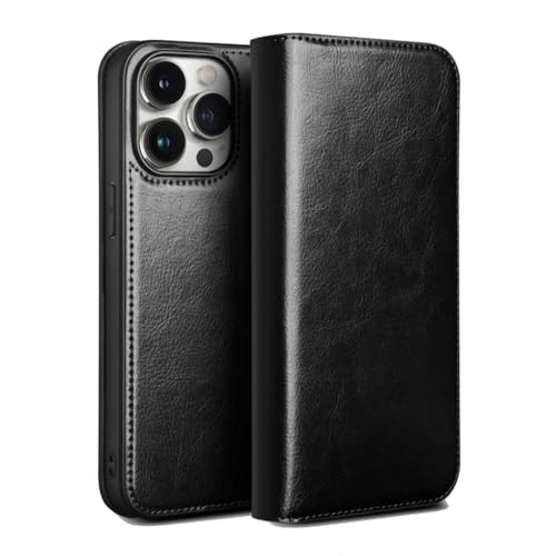 HOWGARI Klapphülle Handyhülle for iPhone 15 Pro Max/15 Plus/15 Pro/15 Echtleder-Brieftaschen Telefonabdeckung Kartenfächer Ständer Schutzhülle Stoßfeste Schutzhülle (Schwarz,15 Pro Max) von HOWGARI