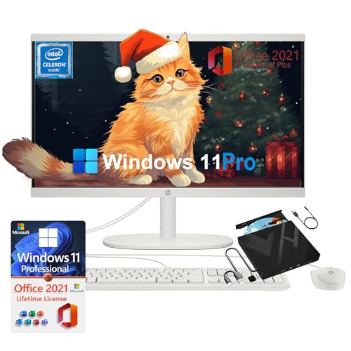 HP 54.6 cm All-in-One Desktop PC - mit 8 in 1 externem CD/DVD Laufwerk, Office 2021 Pro Lifetime License - FHD Display, Intel Celeron J4025, Webcam, WiFi 6, Windows 11 Pro (16 GB RAM | 1 TB SSD) von HP