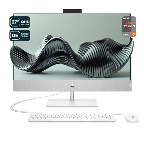 HP Pavilion All-in-One Desktop PC, AMD Ryzen 7 5700U, 16 GB DDR4 RAM, 1 TB PCIe SSD, 27" QHD IPS Display, AMD Radeon Graphics, Windows 11 Home, QWERTZ Tastatur + Maus, White von HP