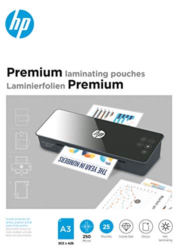 HP Premium Laminierfolien, DIN A3, 250 Micron, glänzend, transparent, zum Heißlaminieren, 25 Stück, 9128 von HP