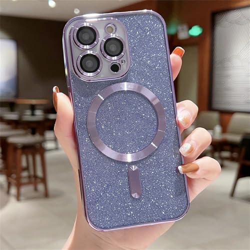 HPQWN Galvanisierte Linsenschutzhülle für iPhone 15 16 11 12 13 14 Pro Max 16 Plus Wireless Charge Bumper Glitter Cover, Lila, Für iPhone 14 Pro von HPQWN