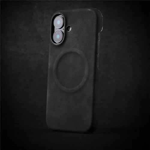 HPQWN Skin Feel Schaffell-Handyhülle für iPhone 16 Pro Max 15 14 13 12 Pro Max Plus Kabellose Ladehülle aus Leder, Schwarz, Für iPhone 14pro von HPQWN