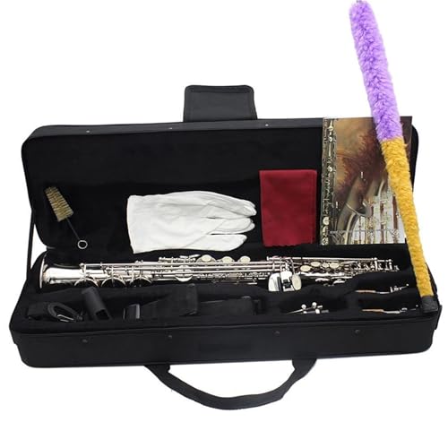 Saxophon Sopransaxophon Bb Messingkörper Gerade Professionelles Saxophoninstrument Mit Gehäuseblättern Teilen Und Zubehör(Silver Sax) von HQWBVD