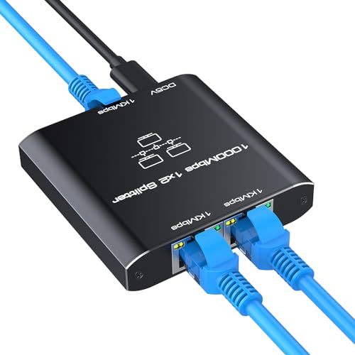 LAN Splitter 1 auf 2, 1000Mbps Gigabit Ethernet Splitter [2 Geräte gleichzeitig vernetzen], RJ45 LAN Netzwerk-Splitter mit USB-C Stromkabel für Computer, Hub, Switch, Router, ADSL, Digital TV, etc von HRSDEIE