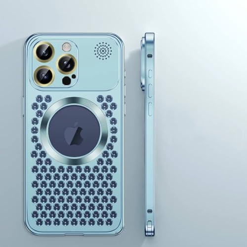 HSJFS Magnetische Aluminium-Telefonhülle für iPhone 12 13 14 15 Pro Max 15 14 Plus Metall-Wärmeableitungs-Kabellose Ladeabdeckung, Blau, Für iPhone 12 von HSJFS