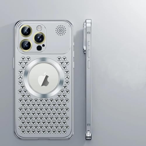 HSJFS Magnetische Aluminium-Telefonhülle für iPhone 12 13 14 15 Pro Max 15 14 Plus Metall-Wärmeableitungs-Kabellose Ladeabdeckung, Silber, für iPhone 14 Pro von HSJFS