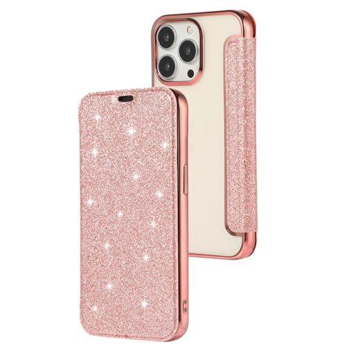 HSSHRAQVGlitzer Handyhülle für iPhone 16 Pro Max 16 Plus 16 Pro 16 mit Kartenfach Standfunktion Leder Klappbare Stoßfeste Anti-Fingerabdruck Schutzhülle,for 16 Pro,Pink von HSSHRAQV