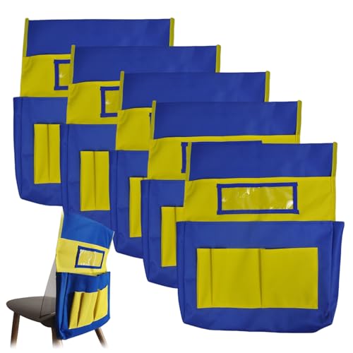 HSTWODE 1 Stück 47×40cm Sitz-Organizer für Klassenzimmer,Sitz-Aufbewahrungstasche mit 6 Aufbewahrungstaschen und Schüler-Namensschild, für Home Office Klassenzimmer (5 blau-gelb) von HSTWODE