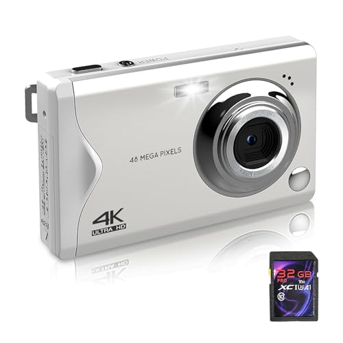 Digitalkamera, 1080 FHD Fotokamera 48MP Kompaktkamera, AutoFocus 4K Digital Kamera mit 32GB Karte, Tragbar 16X Digitalzoom Fotoapparat für Teenager Erwachsene Anfänger Mädchen Jungen (Weiß) von HT